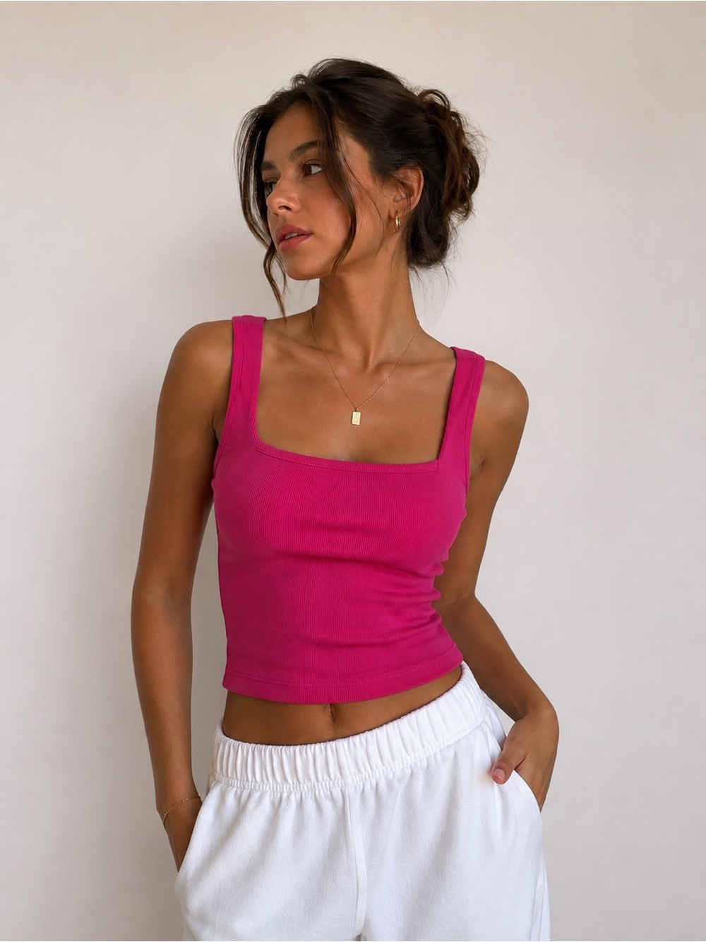 Zara Hot Pink Ribbed Square-Neck Tank